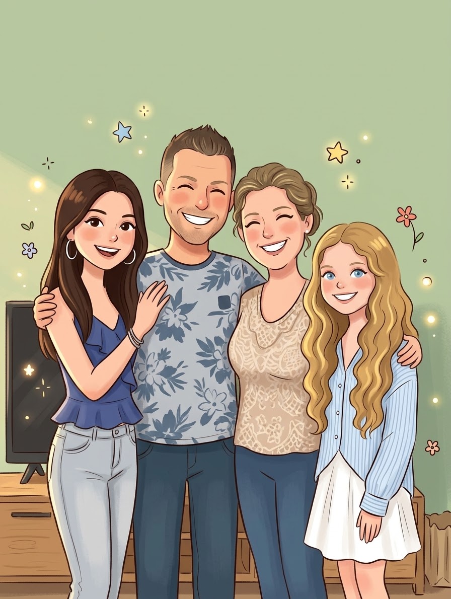 Illustratie van vier lachende familieleden samen